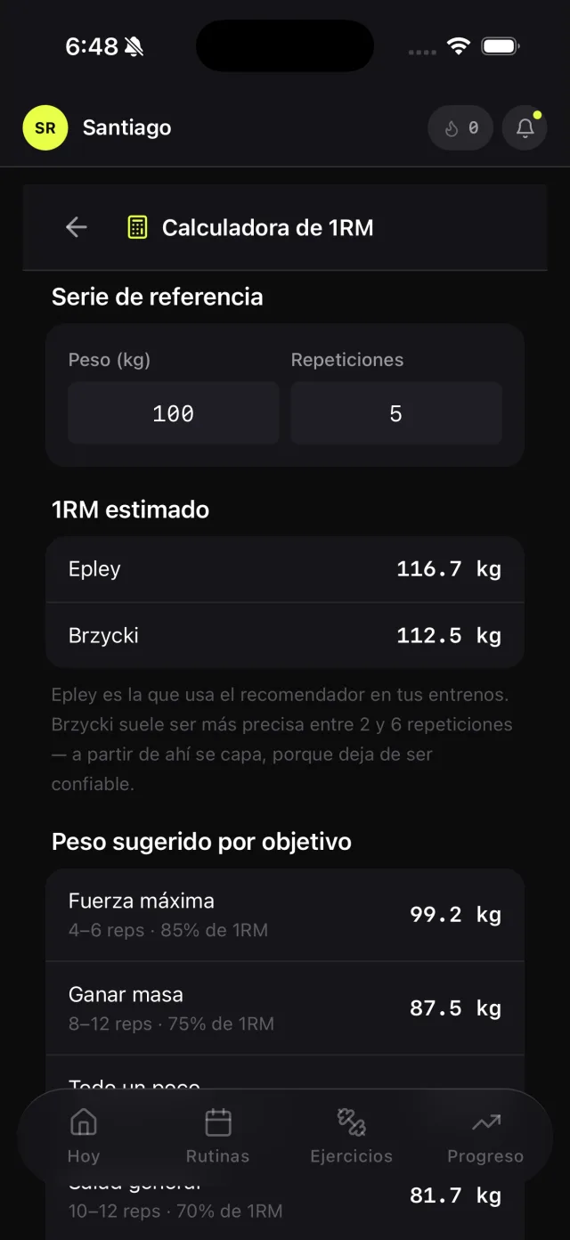 Calculadora de 1RM estimado con peso sugerido por objetivo