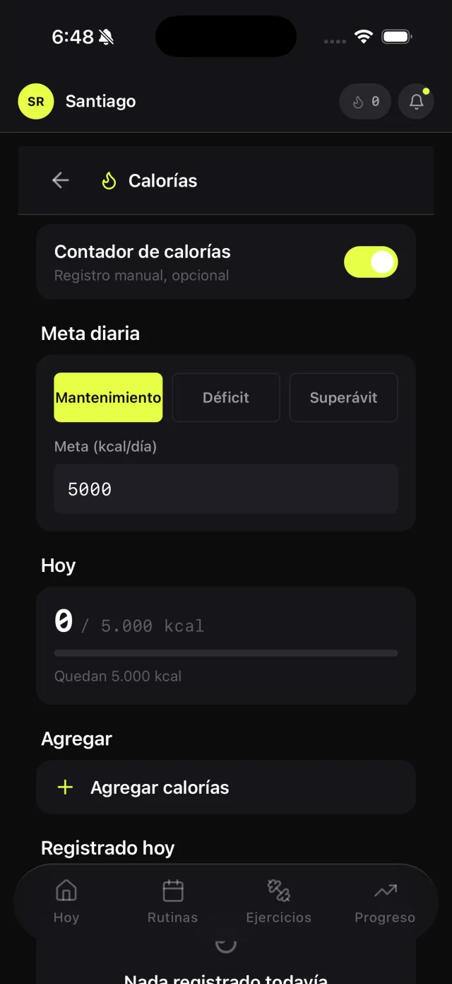 Contador de calorías con meta diaria y registro de comidas