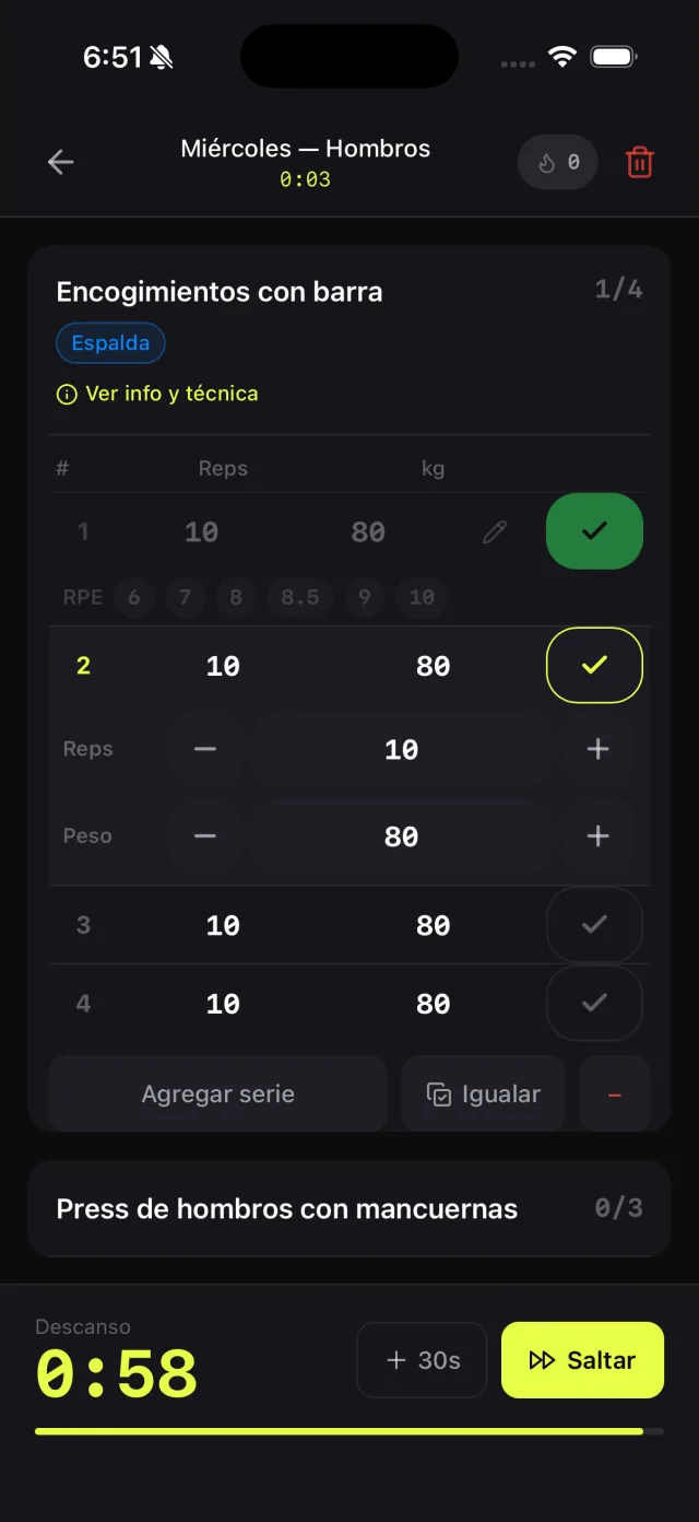 Pantalla de confirmar una serie durante el entrenamiento, con el peso total levantado