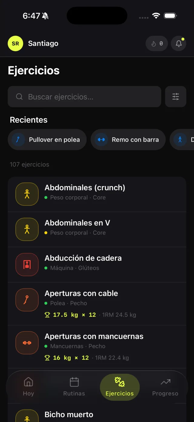 Biblioteca de ejercicios con búsqueda, filtros por músculo y ejercicios recientes