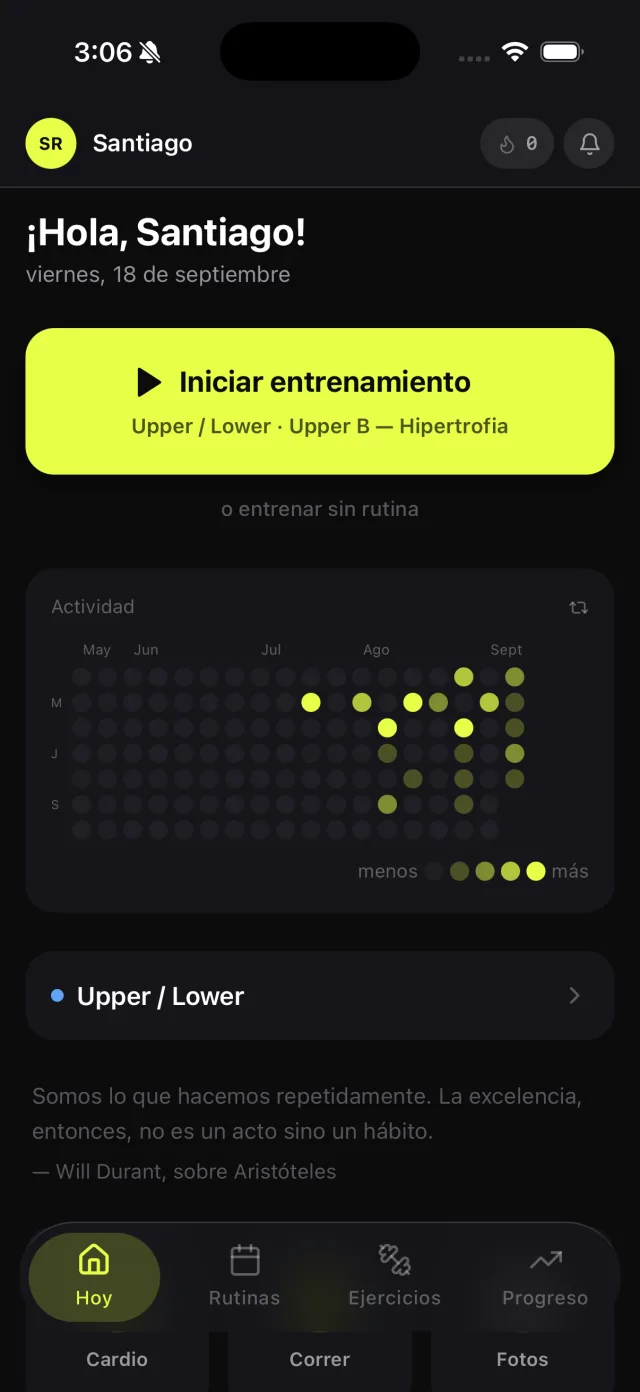 Pantalla de inicio de Repe con la racha de entrenamiento