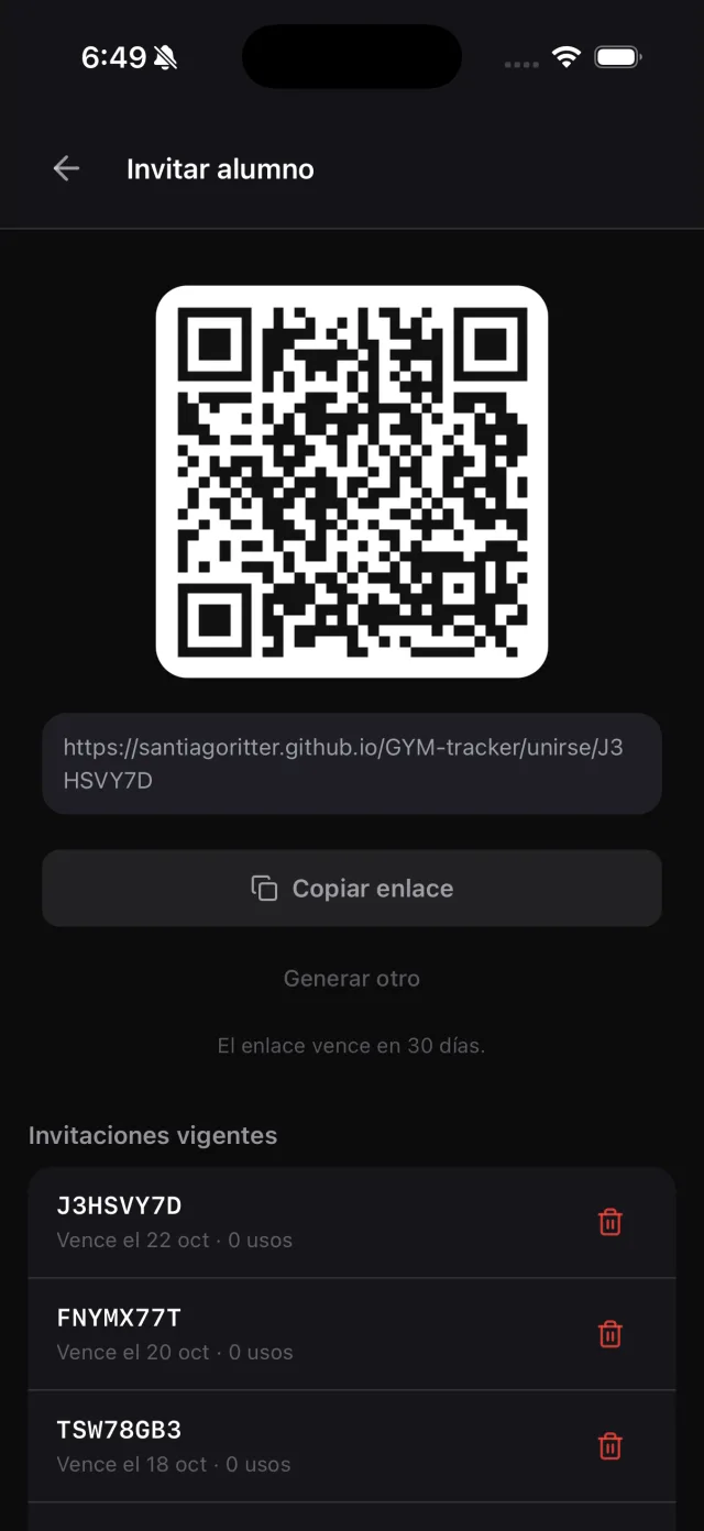 Pantalla para invitar a un alumno por QR o link