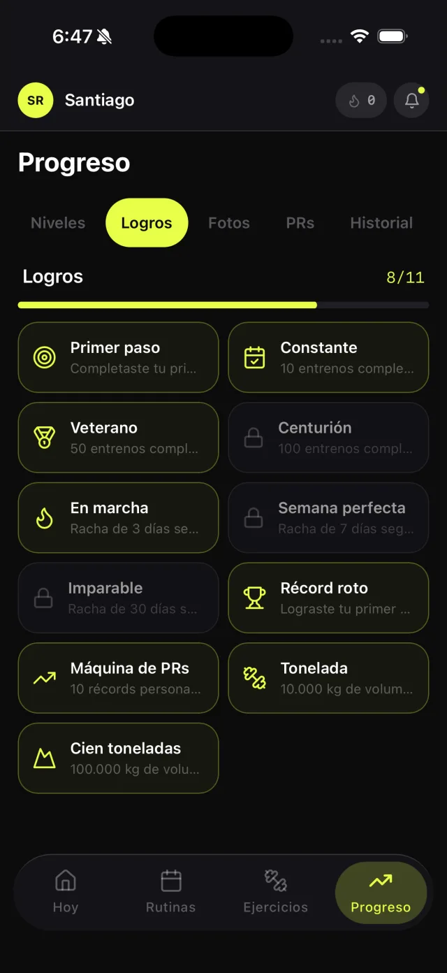 Pantalla de logros con insignias de constancia desbloqueadas