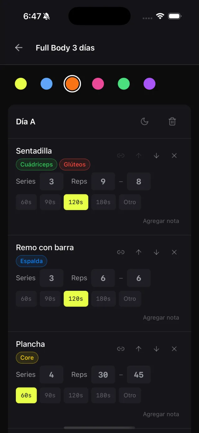 Editor de rutina de Repe con los días de la semana y los ejercicios de cada uno